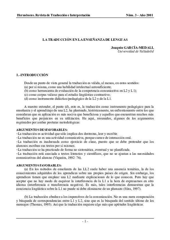 First page of “La traducción en la enseñanza de lenguas”