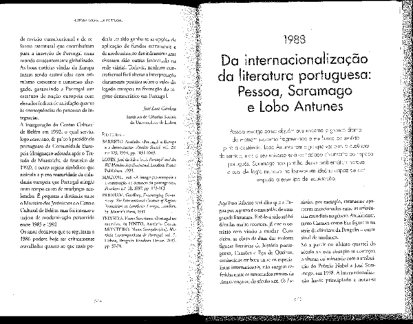 First page of “Da internacionalização da literatura portuguesa: Pessoa, Saramago e Lobo Antunes”