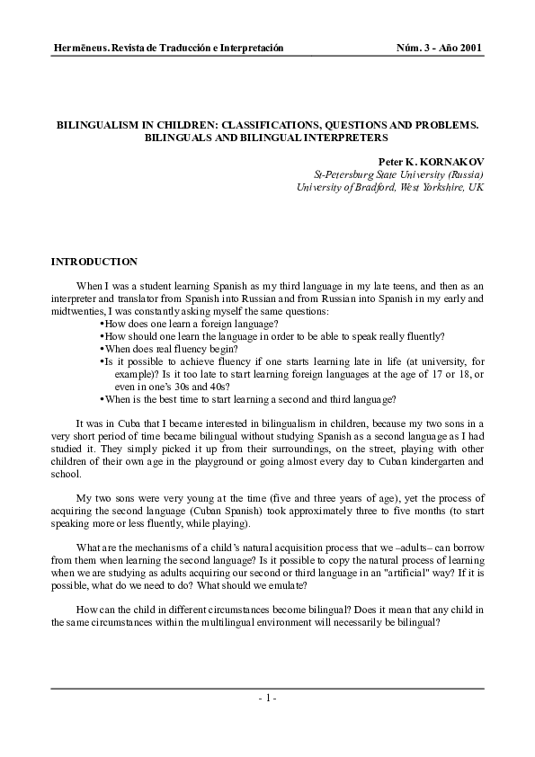 First page of “Bilingualism in children: classifications, questions and problems. Bilinguals and bilingual interpreters”