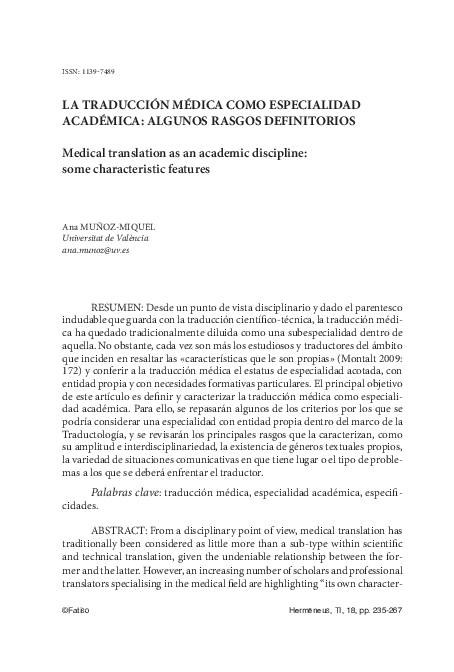 First page of “La traducción médica como especialidad académica: algunos rasgos definitorios”