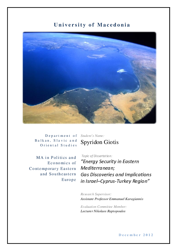 First page of “Energy Security in Eastern Mediterranean; Gas Discoveries and Implications in Israel-Cyprus-Turkey Region”