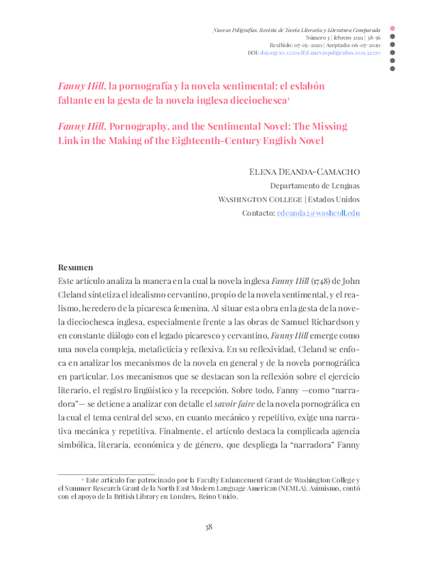 First page of “Fanny Hill, la pornografía y la novela sentimental: el eslabón faltante en la gesta de la novela inglesa dieciochesca 1 Fanny Hill, Pornography, and the Sentimental Novel: The Missing Link in the Making of the Eighteenth-Century English Novel”