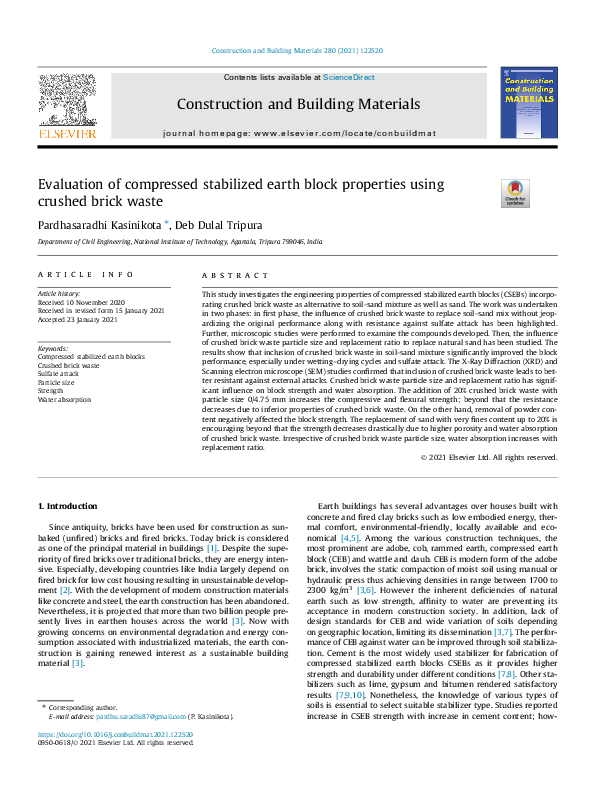 First page of “Evaluation of compressed stabilized earth block properties using crushed brick waste”