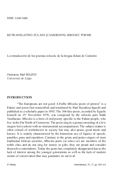 First page of “Retranslating Fulani (Cameroon) Mbooku poems”