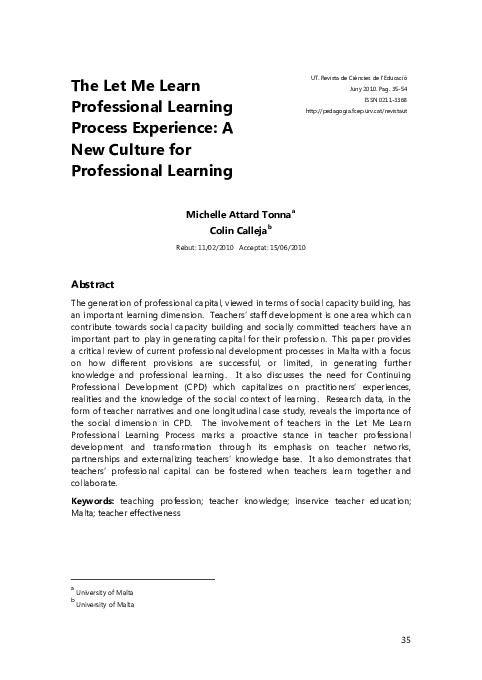 First page of “The Let Me Learn professional learning process experience: A new culture for professional learning”