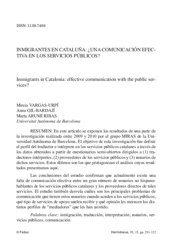 First page of “Inmigrantes en Cataluña: ¿una comunicación efectiva en los servicios públicos?”