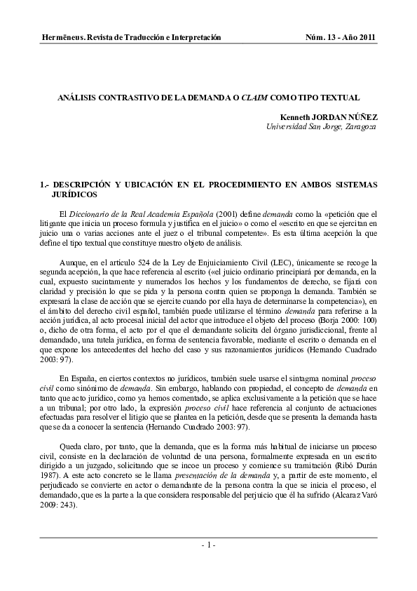 First page of “Análisis contrastivo de la demanda o claim como tipo textual”