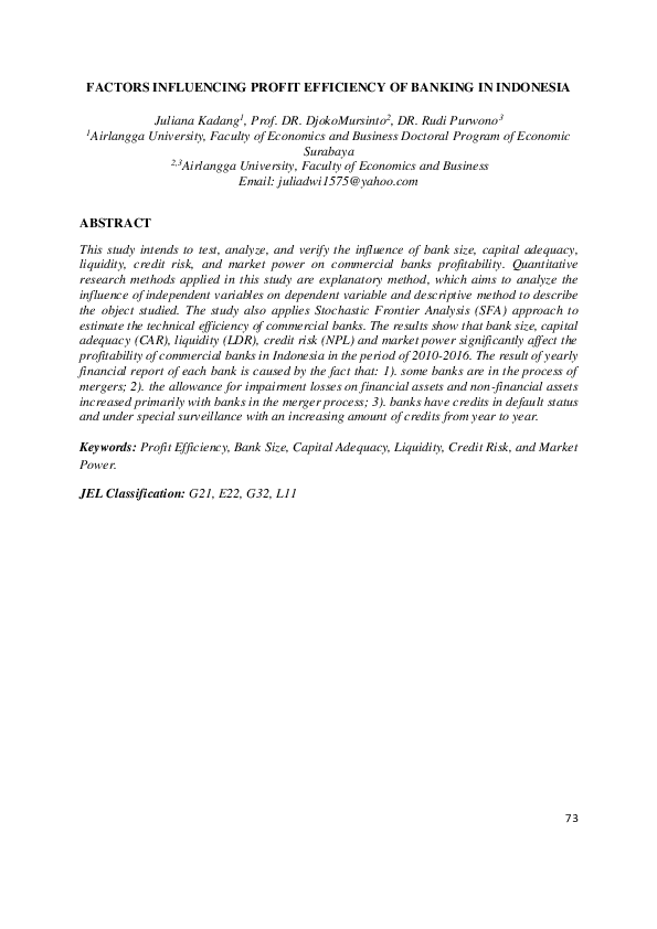 First page of “FACTORS INFLUENCING PROFIT EFFICIENCY OF BANKING IN INDONESIA”