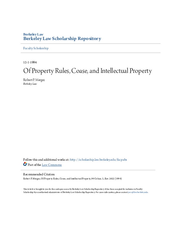 First page of “Of Property Rules, Coase, and Intellectual Property”