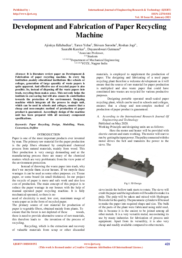 First page of “IJERT-Development and Fabrication of Paper Recycling Machine”