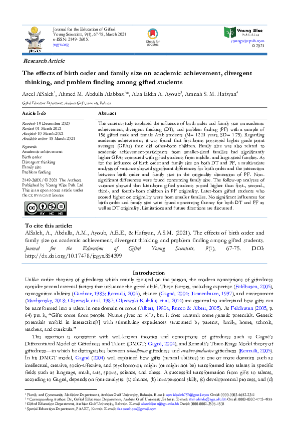 First page of “The effects of birth order and family size on academic achievement, divergent thinking, and problem finding among gifted students”