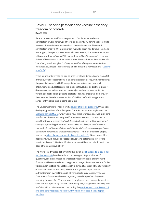 First page of “Covid-19 vaccine passports and vaccine hesitancy: freedom or control?”