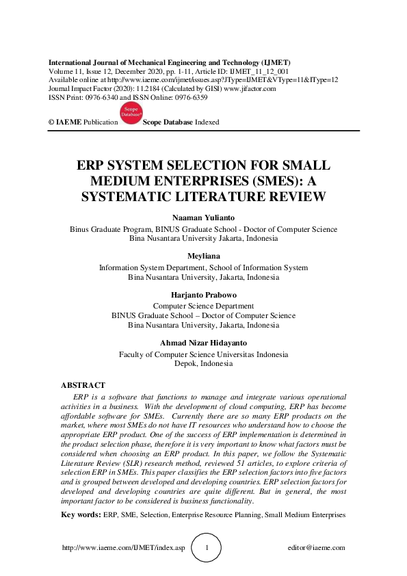 First page of “ERP SYSTEM SELECTION FOR SMALL MEDIUM ENTERPRISES (SMES): A SYSTEMATIC LITERATURE REVIEW”