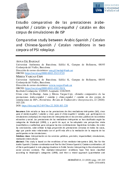 First page of “Estudio comparativo de las prestaciones árabe-español/catalán y chino-español/catalán en dos corpus de simulaciones de ISP”