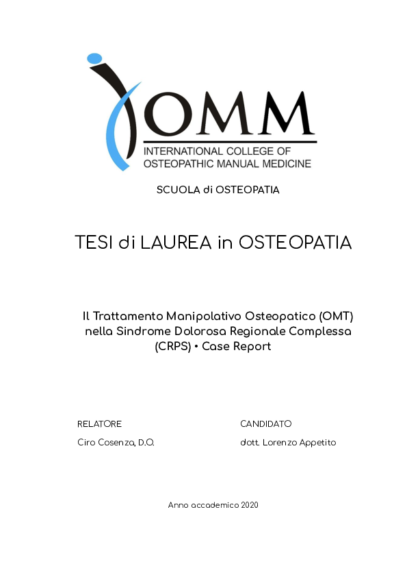 First page of “Il Trattamento Manipolativo Osteopatico (OMT) nella Sindrome Dolorosa Regionale Complessa (CRPS) - Case Report”