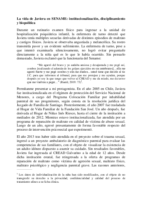 First page of “La vida de Javiera en SENAME institucionalizacion disciplinamiento y biopolitica”