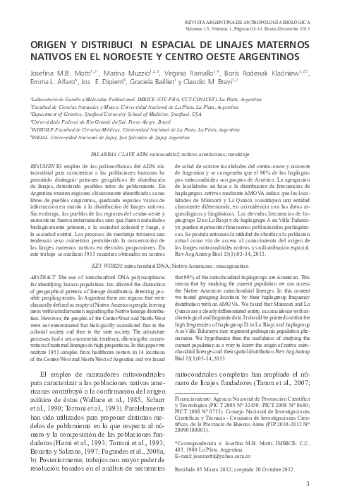 First page of “Origen y distribución espacial de linajes maternos nativos en el noroeste y centro oeste argentinos/ Origin and spatial distribution of native maternal lineages in Northwest and Center West of Argentina”