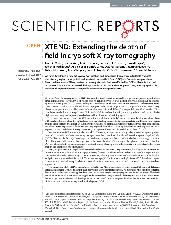 First page of “XTEND: Extending the depth of field in cryo soft X-ray tomography”