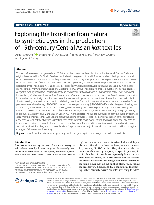 First page of “Exploring the transition from natural to synthetic dyes in the production of 19th-century Central Asian ikat textiles”