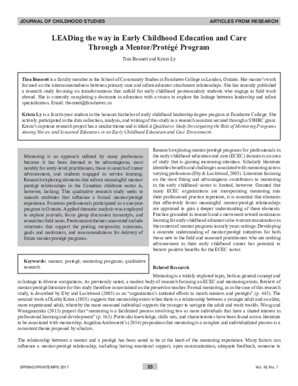 First page of “LEADing the way in Early Childhood Education and Care Through a Mentor/Protégé Program”