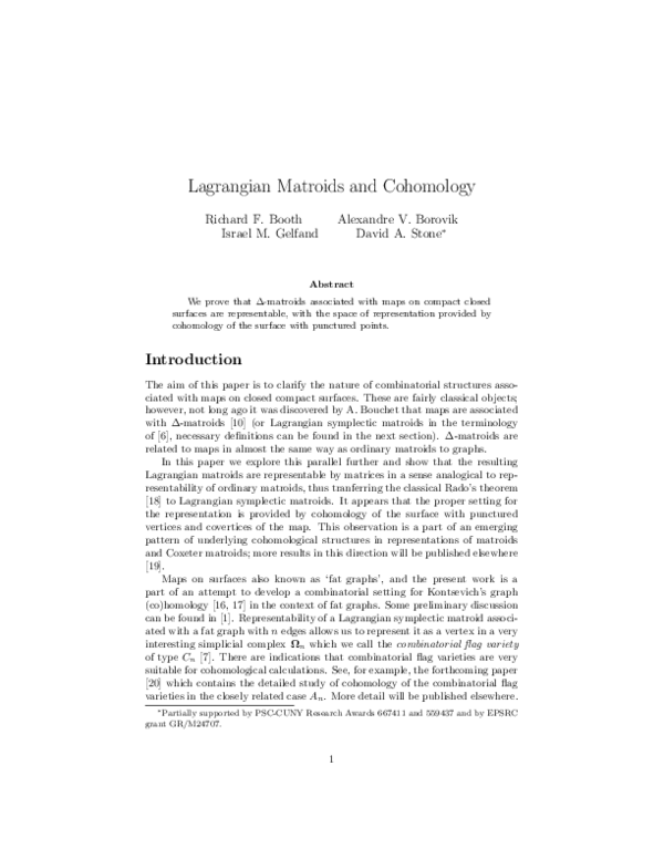 First page of “Lagrangian Matroids and Cohomology”