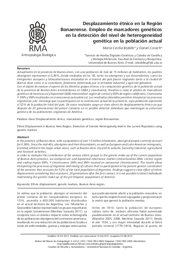 First page of “DESPLAZAMIENTO ÉTNICO EN LA REGIÓN BONAERENSE: EMPLEO DE MARCADORES GENÉTICOS EN LA DETECCIÓN DEL NIVEL DE HETEROGENEIDAD GENÉTICA EN LA POBLACIÓN ACTUAL/Ethnic Displacement in Buenos Aires region: Detection of Genetic Heterogeneity level in the”