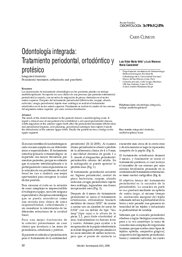 First page of “Odontología integrada: Tratamiento periodontal, ortodóntico y protésico”