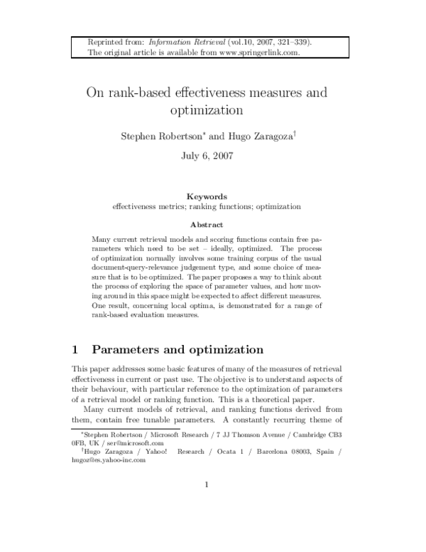 First page of “On rank-based effectiveness measures and optimisation”