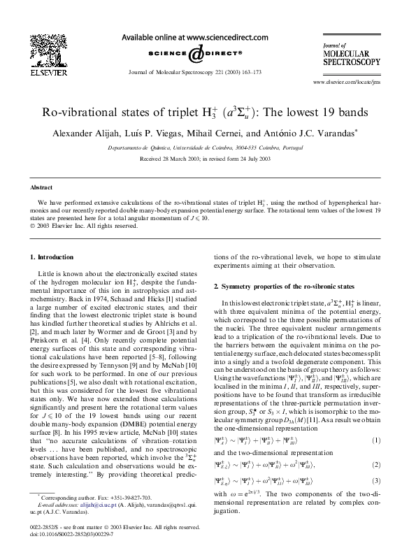 First page of “Ro-vibrational states of triplet H3+ (a3Σu+): The lowest 19 bands”