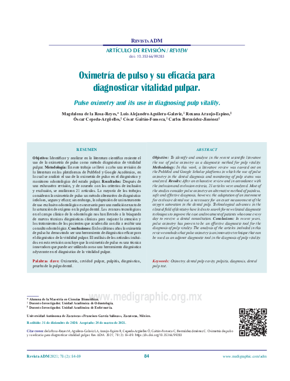 First page of “Oximetría de pulso y su eficacia para diagnosticar vitalidad pulpar. Pulse oximetry and its use in diagnosing pulp vitality.”