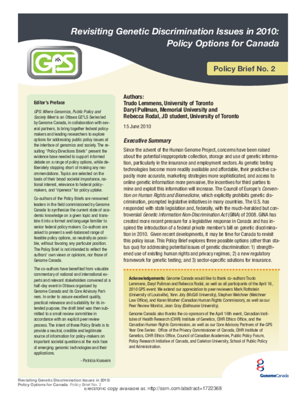 First page of “Revisiting Genetic Discrimination Issues in 2010: Policy Options for Canada”