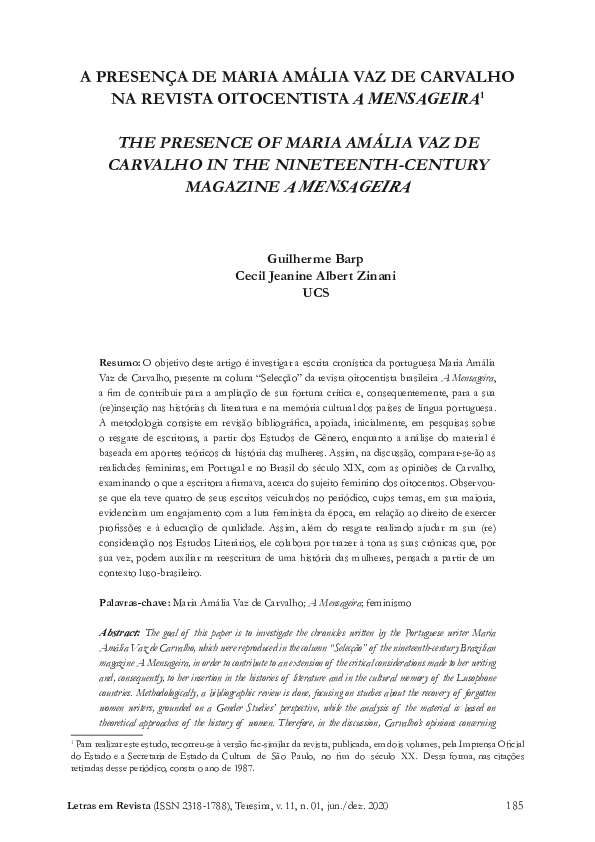 First page of “A presença de Maria Amália Vaz de Carvalho na revista oitocentista A Mensageira”