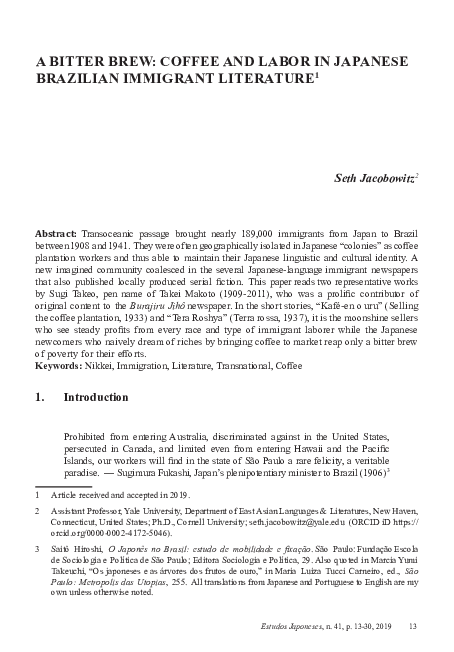 First page of “A Bitter Brew: Coffee and Labor in Japanese Brazilian Immigrant Literature”