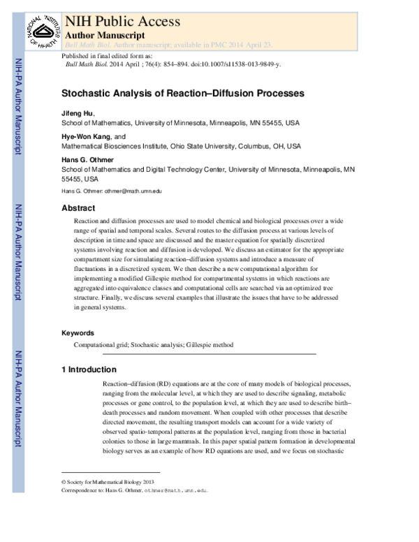 First page of “Stochastic Analysis of Reaction–Diffusion Processes”