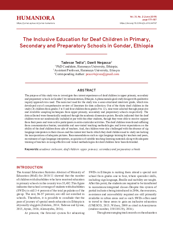 First page of “The Inclusive Education for Deaf Children in Primary, Secondary and Preparatory Schools in Gondar, Ethiopia”