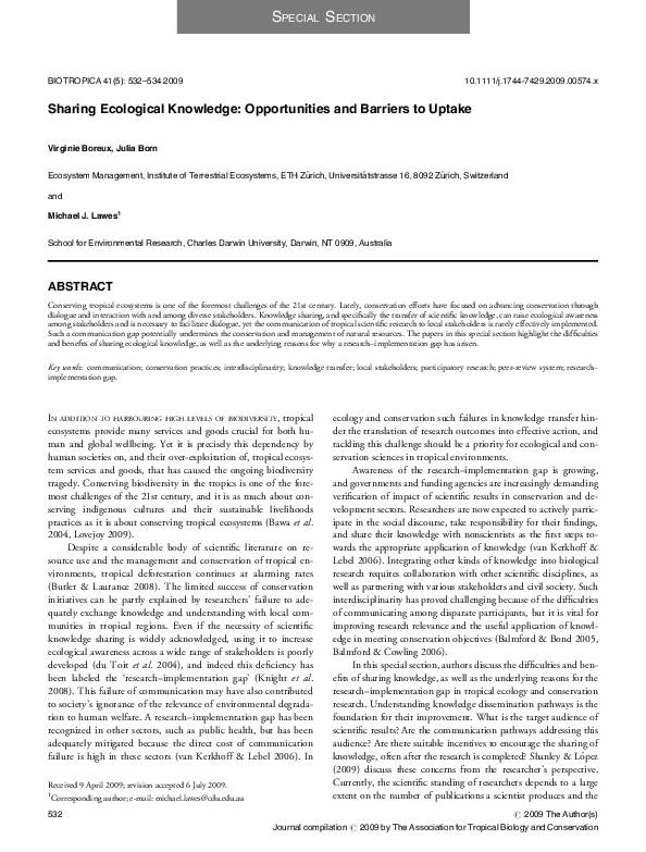 First page of “Sharing Ecological Knowledge: Opportunities and Barriers to Uptake”