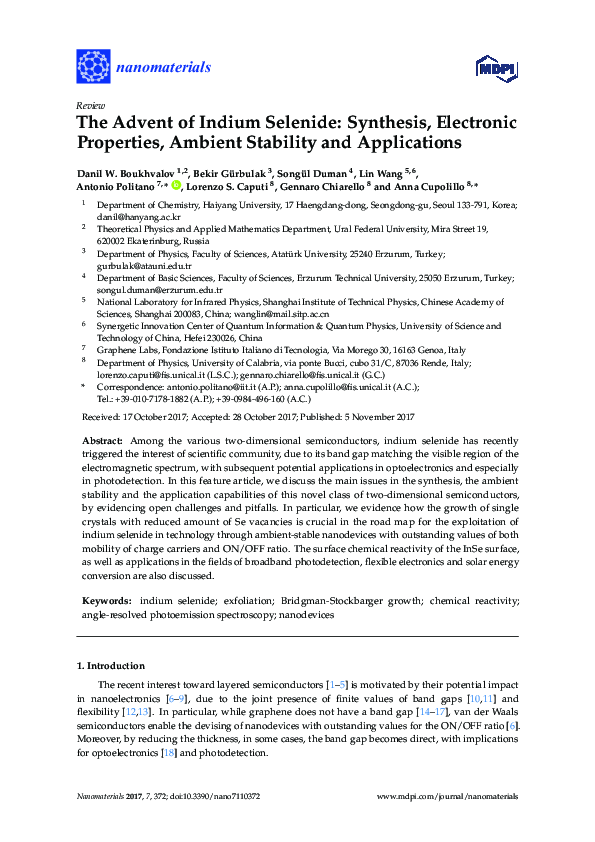 First page of “The Advent of Indium Selenide: Synthesis, Electronic Properties, Ambient Stability and Applications”