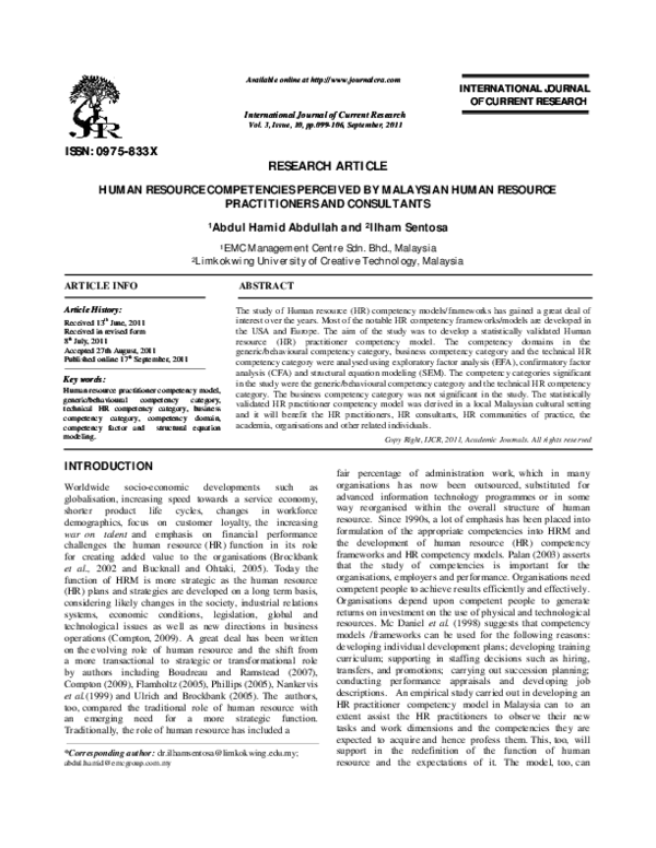 First page of “Human resource competencies perceived by malaysian human resource practitioners and consultants”