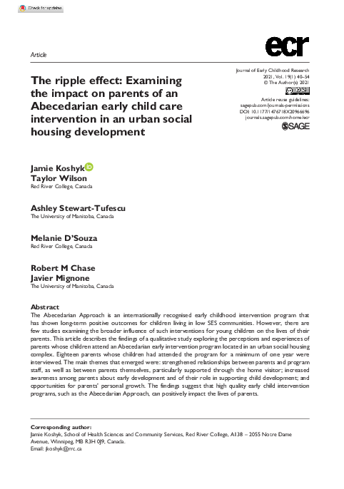 First page of “The ripple effect: Examining the impact on parents of an Abecedarian early child care intervention in an urban social housing development”