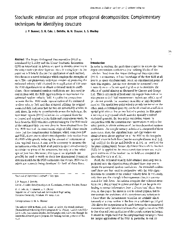 First page of “Stochastic estimation and proper orthogonal decomposition: Complementary techniques for identifying structure”