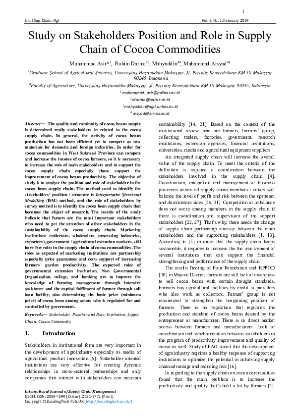 First page of “Study on Stakeholders Position and Role in Supply Chain of Cocoa Commodities”