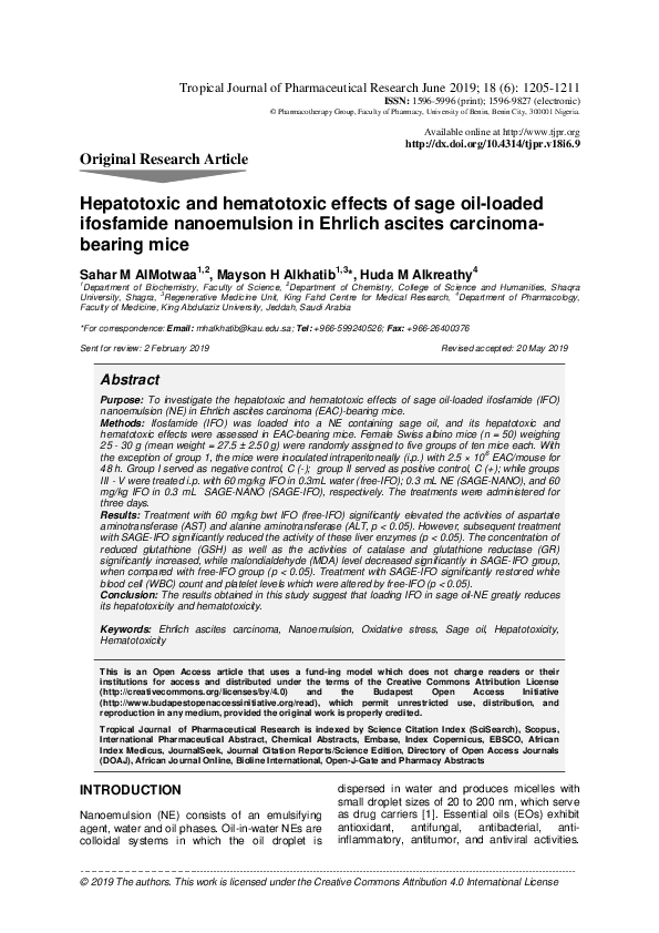 First page of “Hepatotoxic and hematotoxic effects of sage oil-loaded ifosfamide nanoemulsion in Ehrlich ascites carcinomabearing mice”