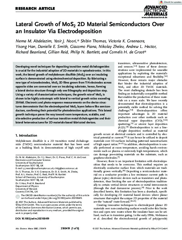 First page of “Lateral Growth of MoS 2 2D Material Semiconductors Over an Insulator Via Electrodeposition”