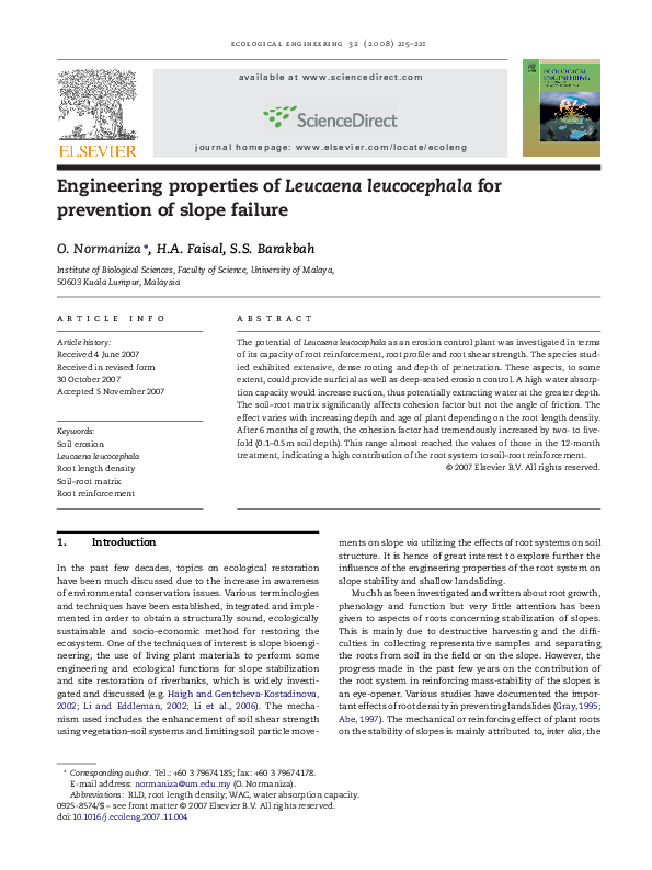 First page of “Engineering properties of Leucaena leucocephala for prevention of slope failure”