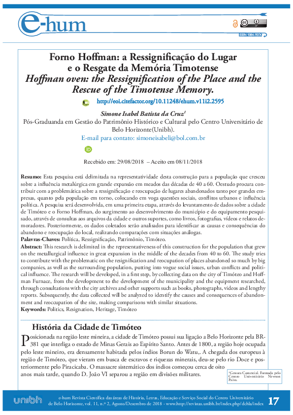 First page of “FORNO HOFFMAN: A RESSIGNIFICAÇÃO DO LUGAR E O RESGATE DA MEMÓRIA TIMOTENSE. Hoffman oven: the Ressignification of the Place and the Rescue of the Timotense Memory”