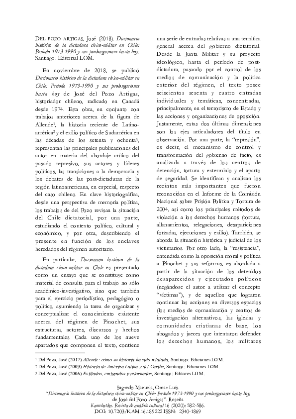 First page of “Reseña: "Diccionario histórico de la dictadura cívico-militar en Chile: Período 1973-1990 y sus prolongaciones hasta hoy"”