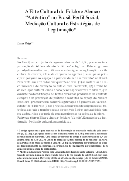 First page of “A elite cultural do folclore alemão "autêntico" no Brasil: Perfil social, mediação cultural e estratégias de legitimação / The cultural elite of "authentic" German folklore in Brazil: Social profile, cultural mediation and strategies of legitimation”