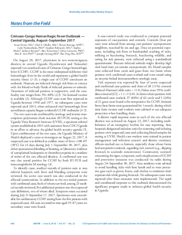 First page of “Notes from the Field: Crimean-Congo Hemorrhagic Fever Outbreak - Central Uganda, August-September 2017”