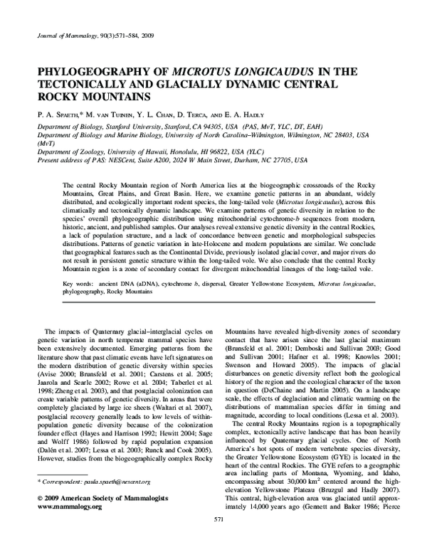 First page of “Phylogeography of Microtus longicaudus in the Tectonically and Glacially Dynamic Central Rocky Mountains”