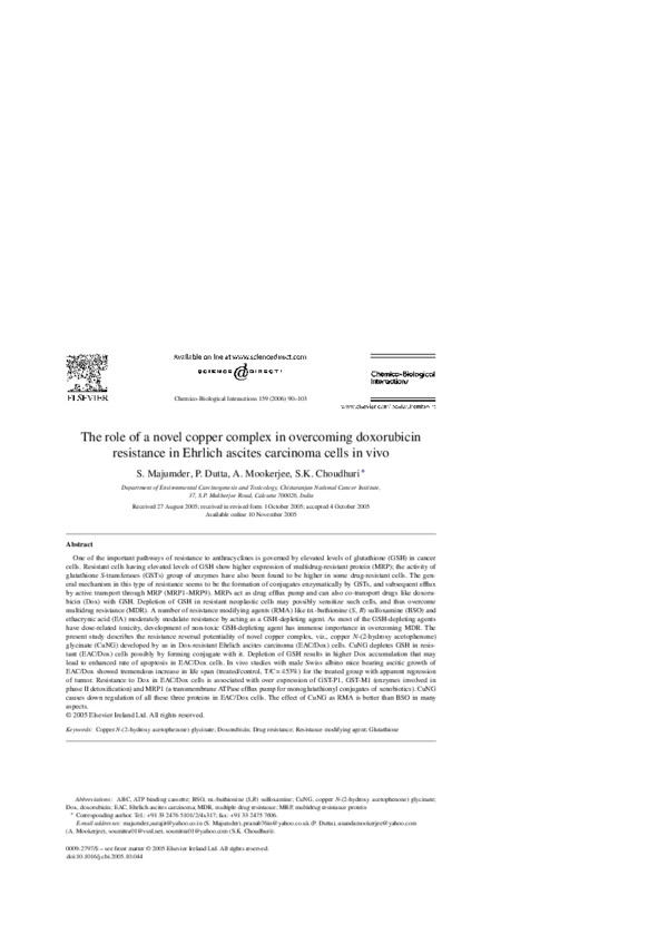 First page of “The role of a novel copper complex in overcoming doxorubicin resistance in Ehrlich ascites carcinoma cells in vivo”